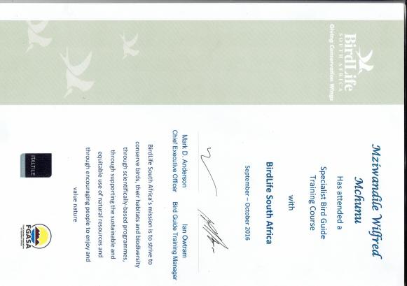 Specialist Bird Guide Training certificate thumbnail